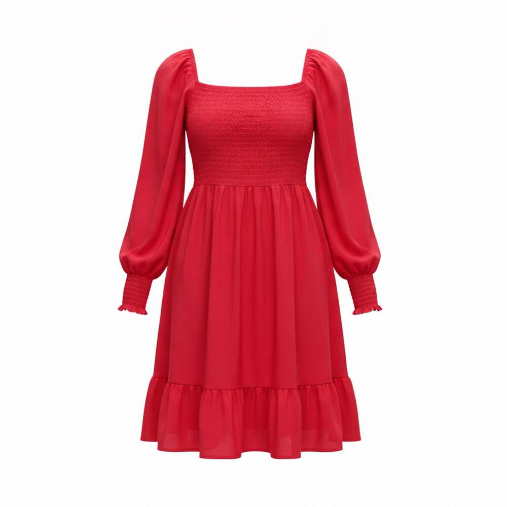 BesserBay girls Red Long Sleeve Smocked Square Neck Ruffle Hem drese